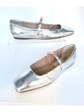 Dolce Vita Reyes Silver Distressed Leather Mary Jane Square-Toe Flats Size 6.5